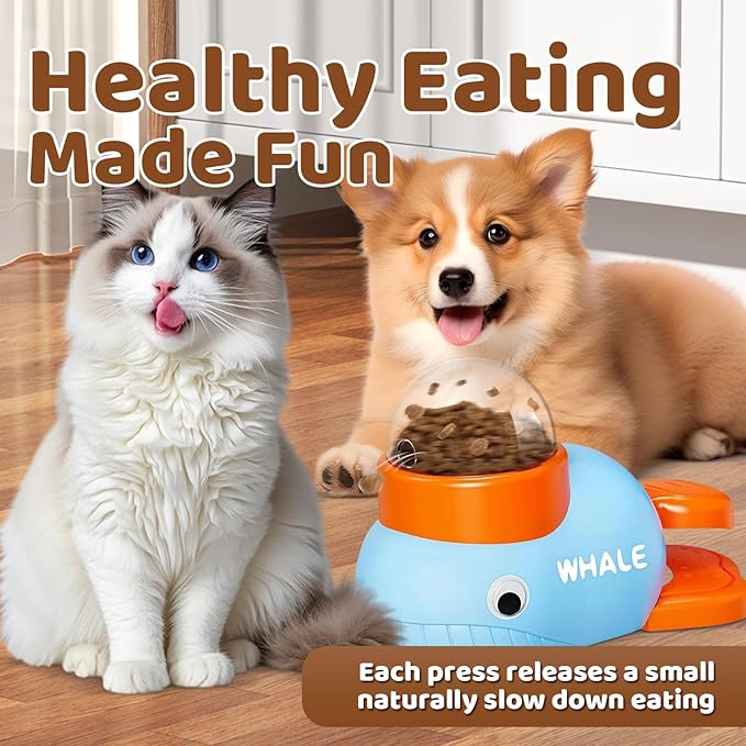 Whale Interactive Dog Treat Dispenser – Press Tail to Release Snacks, Puzzle Slow Feeder Toy for Dogs with Bonus Chew Rope Toy, Fun Training Game & Mental Enrichment, Easy to Clean and Refill (Blue)