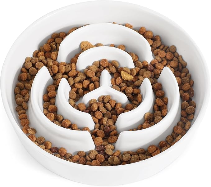Ceramic Slow Feeder Dog Bowls,2.0 Cups Slow Feeder for Medium Large Breed,Puzzle Dog Food Bowl to Slow Down Eating, Anti-Gulping, Stop Bloat,Preventing Choking,8in,White