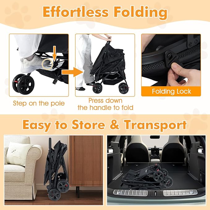PETSITE Double Pet Stroller, Foldable Double Dog Stroller with 2-Seater Carrier, Adjustable Sunshade, Removable Pad, Safety Belt, Storage Basket, 4-Wheel Pet Travel Cart for 2 Puppies & Cats (Black)