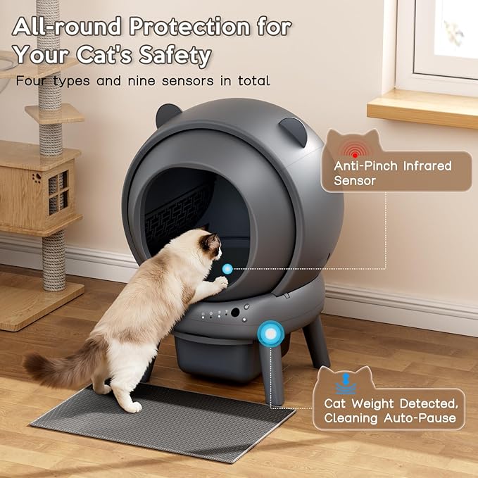 Automatic Litter Box, Self Cleaning Litter Box with App Control, Large Capacity for Multiple Cats, Noise & Odor Control, Dual Safety Sensors, Easy Maintenance with 2 Roll Garbage Bags, Gray