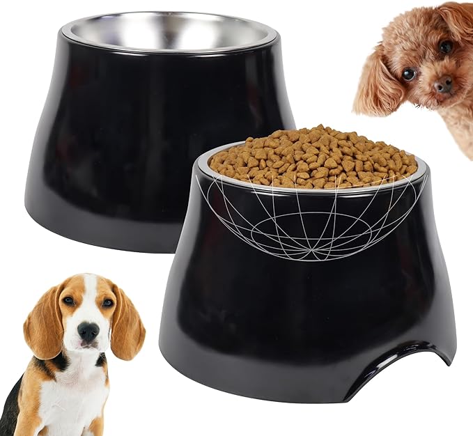 2 Pack Elevated Spaniel Dog Bowl, Melamine Raised Dog Food Bowl for Long-Eared Dogs, Raised Dog Bowls for Small & Medium Dogs, Stainless Steel Inner Bowl, Non-Slip Base (Black*2, 420 mL/1.5 Cups)