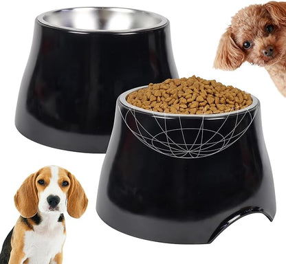 2 Pack Elevated Spaniel Dog Bowl, Melamine Raised Dog Food Bowl for Long-Eared Dogs, Raised Dog Bowls for Small & Medium Dogs, Stainless Steel Inner Bowl, Non-Slip Base (Black*2, 420 mL/1.5 Cups)