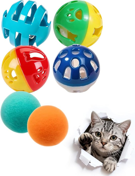 6 Pcs Cat Toys Balls for Indoor Kittens, 4 Bell Balls 2 Plush Balls, PP Material Interactive Cat Balls for Kitten Play and Exercise (1.5'')