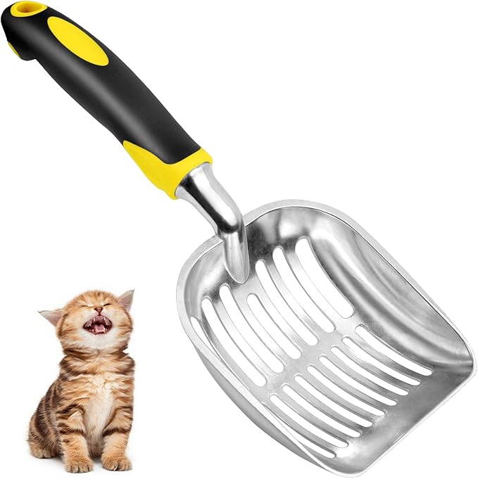 Cat Litter Scoop, Metal Cat Scooper, Rubber Handle Scoop, Sifting Shovel for Christmas – Heavy Duty Aluminum Alloy Litter Box Scoop with Deep Mesh, Design for Easy Waste Removal and Cleaning(Yellow)