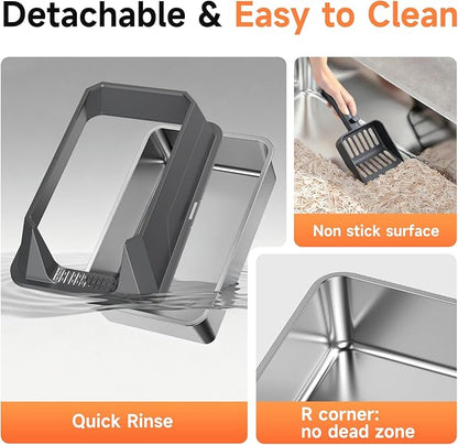 Stainless Steel Litter Box with High Sides, XL High Sided Cat Litter Pan, Open Top Extra Large Metal Cat Litter Box, Non-Stick, Odor Free, Leakproof, Scoop Included, Gray