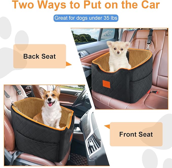 XIEEAOZEE Dog Car Seat for Small Dogs, Memory Foam Booster Dog Seat for Dogs up to 35 lbs, Elevated Pet Car Seat with Washable Removable Cover, Storage Pockets