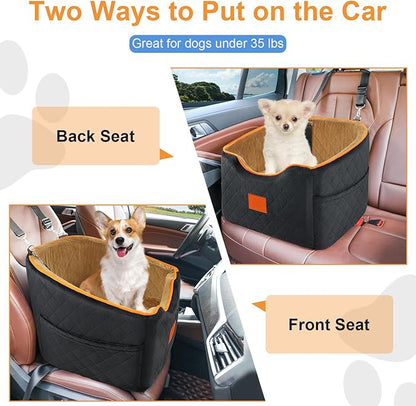 XIEEAOZEE Dog Car Seat for Small Dogs, Memory Foam Booster Dog Seat for Dogs up to 35 lbs, Elevated Pet Car Seat with Washable Removable Cover, Storage Pockets