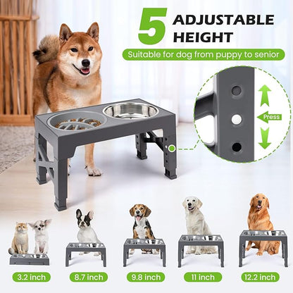 Heeyoo Elevated Dog Bowls - 5 Adjustable Heights Stand, 2 Stainless Steel Bowls & 1 Slow Feeder, 3.2" to 12.2" for Small to Large Dogs