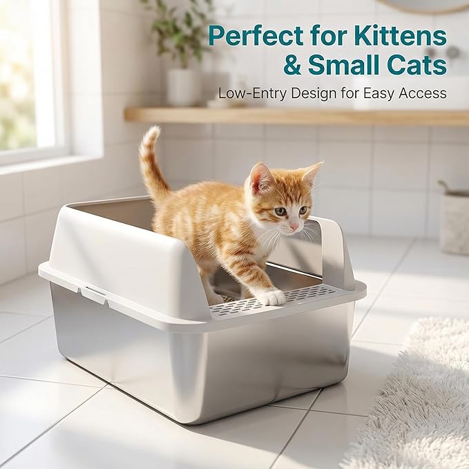 Stainless Steel Litter Box with Lid, Sifting Litter Box for Pine Pellets, 17.3”×13.4”×10.5” Enclosed Metal Litter Boxes for Small Cats & Kittens, High Sided Anti-Leakage, Easy Cleaning, Less Tracking