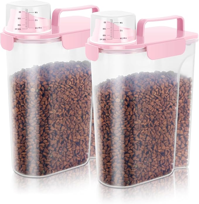 5-7Lbs Dog Cat Food Storage Container with Upgraded Large Nozzle BPA-free, 4 Snap Seals Plastic Pet Food Storage Containers with Handles (Light Pink, 5L-2pack)