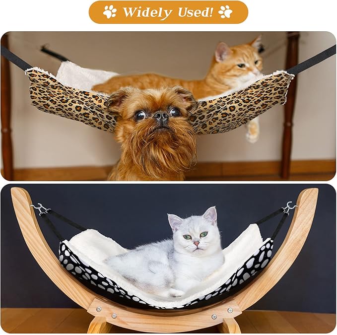 Jetec 2 Pack Cat Hammock for Cage, Catio Accessories Reversible Soft Cats Bed with Adjustable Straps and Hooks Double-Sided Linen and Fleece Hanging Hammock for Cats, Kitten(Leopard and Dot,S)