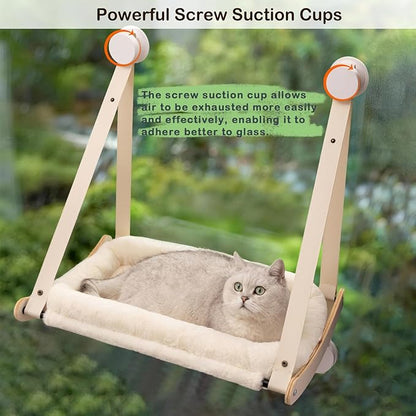 Kilodor Cat Window Perch, Cat Hammock for Window with 4 Strong Suction Cups - Easy Assembly, Solid Wood Frame with Large Cats Bed - Supports Up to 40lbs for Indoor Cats Beige