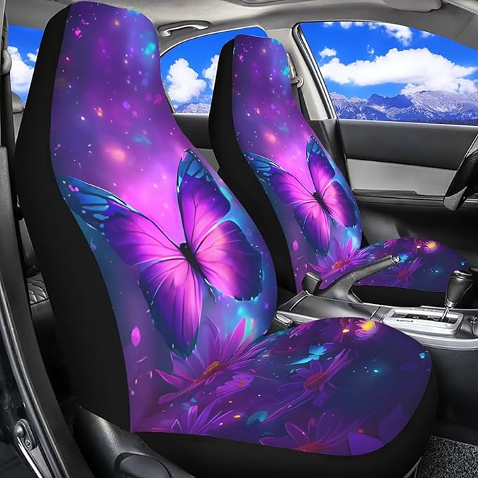 Purple Butterfly Flower Car Seat Covers Full Set for Women, Universal Seat Protector for SUV Truck Van Sedans Cars, Floral Auto Seat Protectors Car Accessories