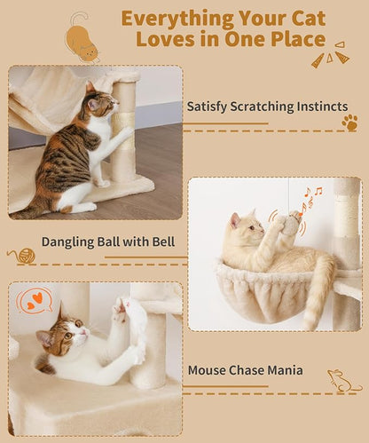 AMHANCIBLE Cat Tree, 70 Inch Cat Tower for Indoor Cats, Multi-Level Cat Tree with Scratching Post, Hammock, Hanging Basket, Large Cat Condos for Adult Cats Kittens, Beige, PT18BG