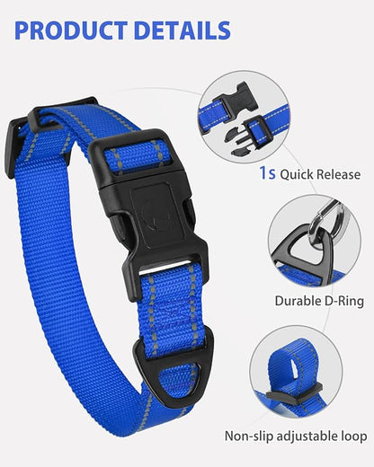 Joytale Dog Collars for Medium Dogs, Comfortable Double-Sided Reflective Nylon Collar for Night Safety, Adjustable Quick-Release for Active Pets, Navy Blue, M (1" Width)