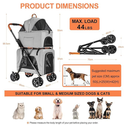 Double Pet Stroller with Detachable Carrier for Medium Small Dogs and Cats, Lightweight Dog Stroller Travel Carriage with No-Zip Canopy Storage Basket One-Click Folding and One-Foot Brake