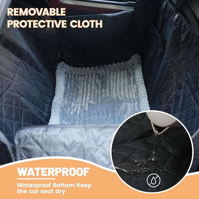 2-in-1 Dog Car Seat Cover & Dog Car Pet Bed Mat for Back Seat, Waterproof Pet Hammock with Soft Plush Cushion, Nonslip Backseat Protector for Dogs, Fits Cars SUVs Trucks
