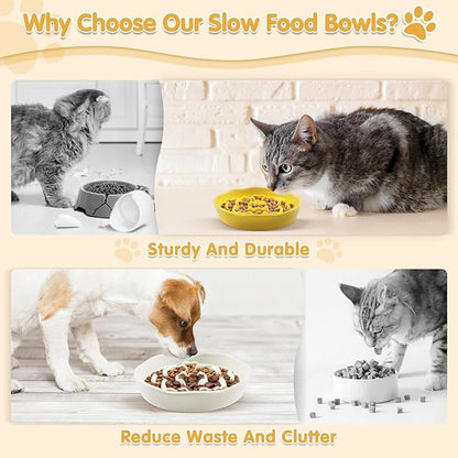 Cat Slow Feeder Bowl Set - 2 Pcs Pastel Series Cat Plate for Dry and Wet Food - Cute Maze Feeder Dish for Healthy Eating- Dishwasher Safe.(Yellow and White)