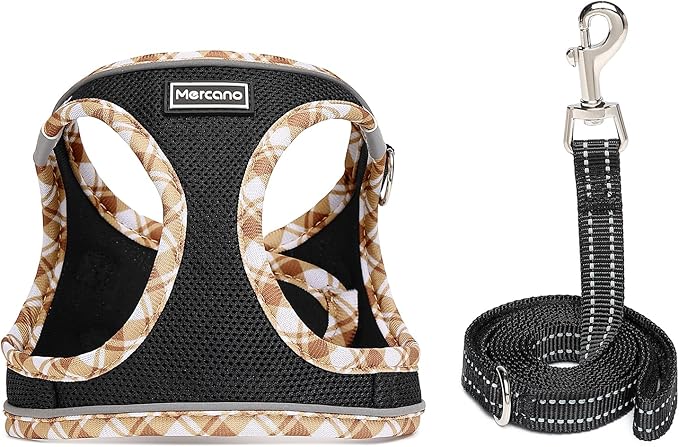 Mercano Soft Mesh Dog Harness and Leash Set, No-Chock Step-in Reflective Breathable Lightweight Easy Walk Vest Harnesses with Safety Buckle for Small Dogs, Cats (Black Yellow, S)