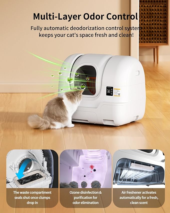 Automatic Cat Litter Box Self-Cleaning, Auto Sand Refilling, Auto Packing & Sealing, Auto Bag Replacement, One-Click Cleaning, Deodorization, APP Control, Radar Weight TOF Safety Sensors for Cats