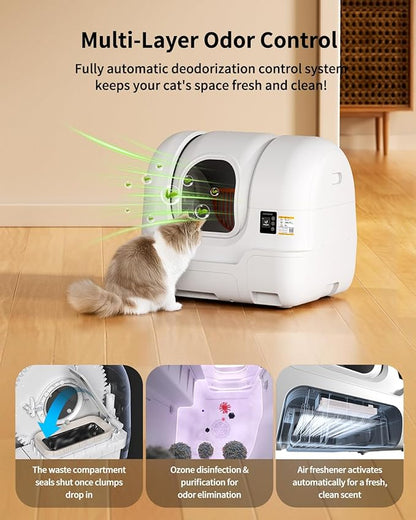 Automatic Cat Litter Box Self-Cleaning, Auto Sand Refilling, Auto Packing & Sealing, Auto Bag Replacement, One-Click Cleaning, Deodorization, APP Control, Radar Weight TOF Safety Sensors for Cats