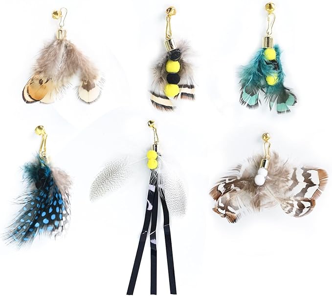 Cat Insect Feather Toys Replacement Cat Toy Wand Refills, 6 Pieces Natural Insect Cat Toy Feathers Refill, Interactive Cat Teaser Wand Attachments, with Bell