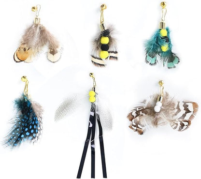 Cat Insect Feather Toys Replacement Cat Toy Wand Refills, 6 Pieces Natural Insect Cat Toy Feathers Refill, Interactive Cat Teaser Wand Attachments, with Bell