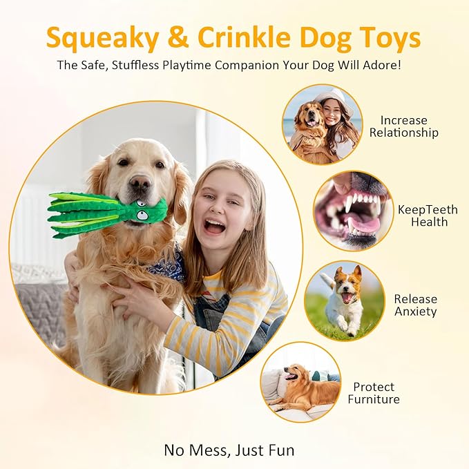 Squeaky Dog Toys - Octopus Plush Crinkle Toys with No Stuffing, Durable Interactive Pet Toys for Small, Medium & Large Dogs, Great for Teething and Play(1PCAK Plush Octopus)