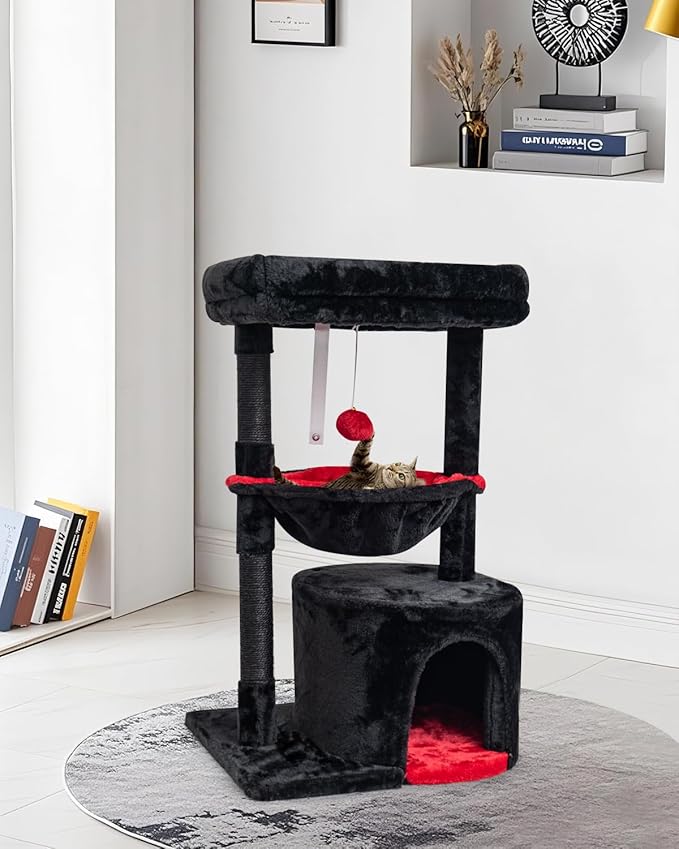 SYANDLVY Gothic Cat Tree with Coffin Bed for Indoor Cats, Small Cat Tower with Scratching Post, Modern Activity House Condo with Cradle, Kittens Cave, Black & Red