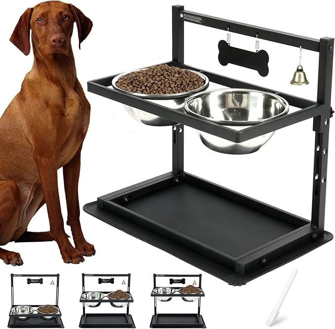 Elevated Dog Bowls, Raised Stand for Large and Medium Dogs, Adjustable Height With Two 58oz Stainless Steel Food Bowls and Spill Proof Mat