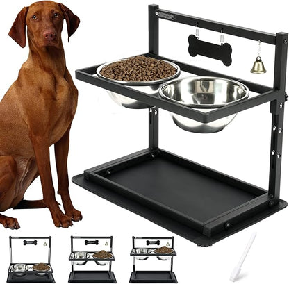 Elevated Dog Bowls, Raised Stand for Large and Medium Dogs, Adjustable Height With Two 58oz Stainless Steel Food Bowls and Spill Proof Mat
