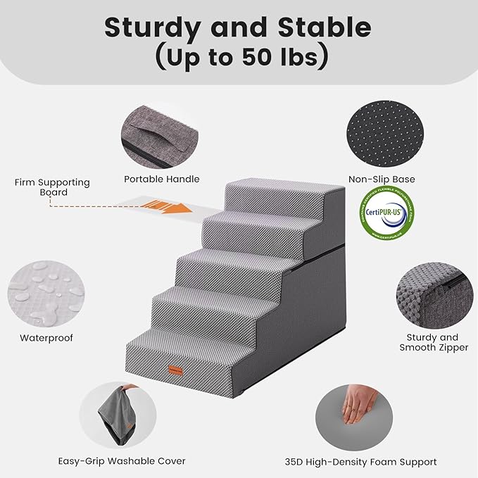 Gardner Pet Dog Stairs for Small Dogs 22.8" H, 5-Step Extra Wide Dog Stairs for High Bed, Pet Steps for Small Dogs and Cats Couch with Durable Non-Slip Waterproof Fabric Cover and Soft Foam, Grey