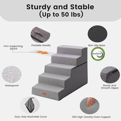 Gardner Pet Dog Stairs for Small Dogs 22.8" H, 5-Step Extra Wide Dog Stairs for High Bed, Pet Steps for Small Dogs and Cats Couch with Durable Non-Slip Waterproof Fabric Cover and Soft Foam, Grey