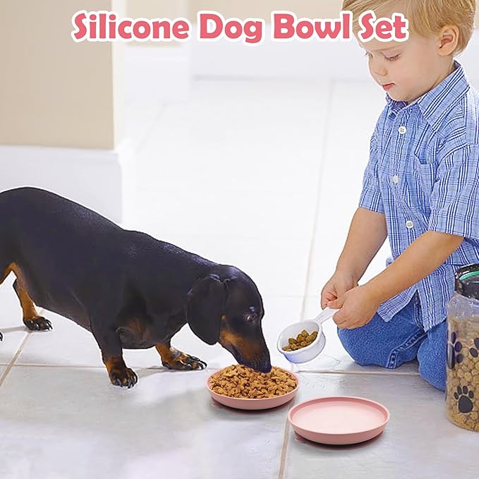 Silicone Dog Bowl Set of 2 No Spill Puppy Food & Water Dish Less Mess Cat Dry Food Plates with Suction Cup Non-Tippable Feeding Wet Food Bowls for Small & Medium-Sized Pets (Round Pink)