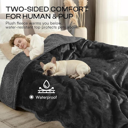 Waterproof Pet Blanket, Liquid Pee Proof Dog Blanket for Sofa Bed Couch, Reversible Sherpa Fleece Furniture Protector Cover for Small Medium Large Dogs Cats, Black Medium（57" x 40"）