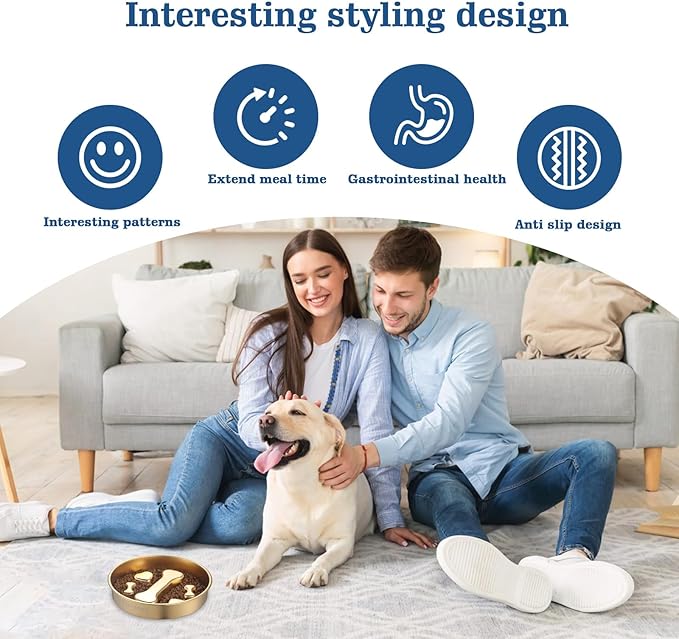 Golden Stainless Steel Slow Feeder Dog Bowls – Non-Slip Metal Dog Bowl for Large & Medium Breeds, Puppy Puzzle Feeder – 2 Cup Capacity for Small to Big Pets – Durable Slow Feed Dog & Cat Food Dish