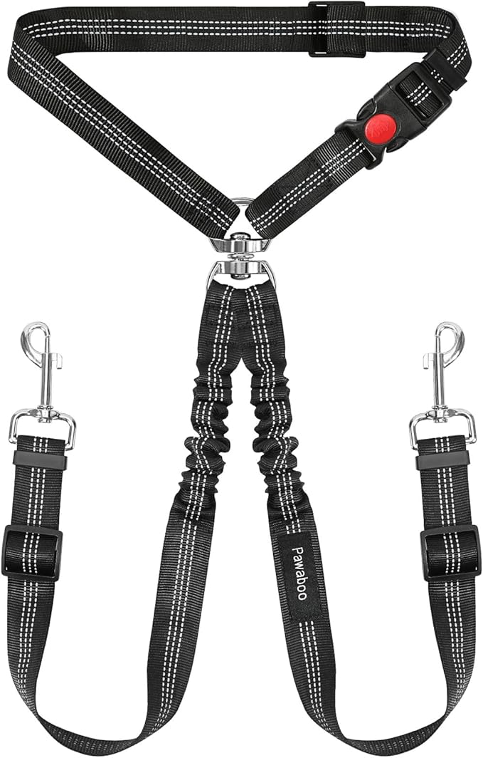 Pawaboo Dog Seat Belt for Car, Double Dogs Car Seatbelt Adjustable, 360° No Tangle Dogs Vehicle Safety Leash with Elastic Bungee Buffer, Reflective Y Shape Two Dog Cars Harness for Pets Cars Travel