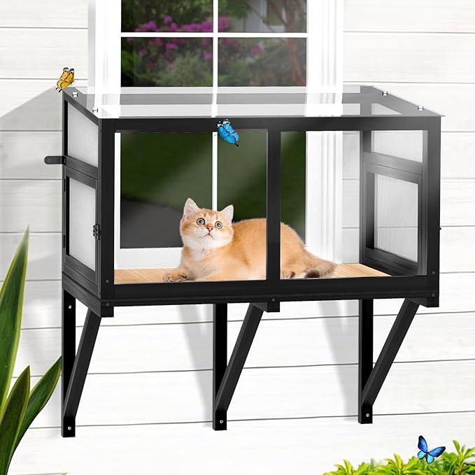 Cat Window Box Catio Outdoor Cat Enclosure Perch with Bug Proof Wire Mesh Window Catio Side Door for Cats Sunbathing, Napping, Overlooking