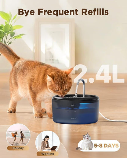 Cat Water Fountain for Cats Inside: Pet Water Fountain - Auto Cat Drinking Fountain - Faucet Kitty Water Dispenser with LED Light - Silent Water Bowls for Small Animal - 2.4L Waterer with 9 Filters