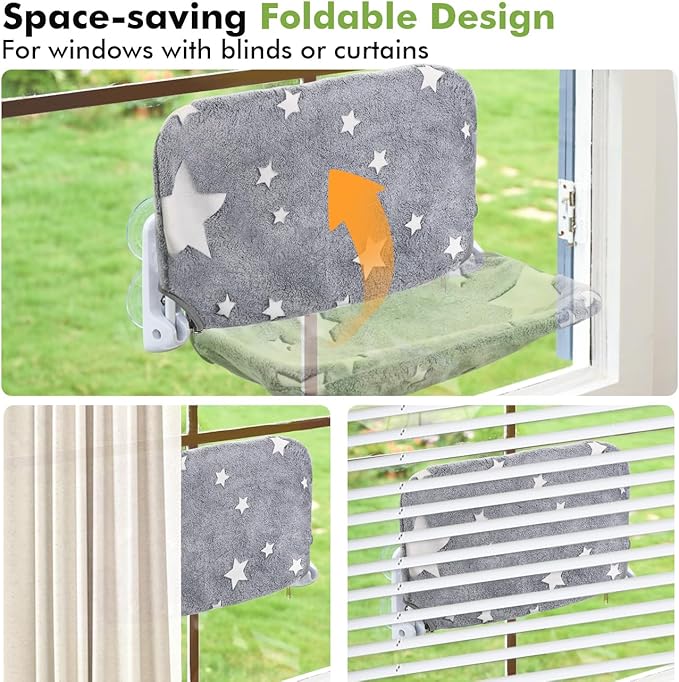 2PC Cat Window Perch, Glow in The Dark Cordless Foldable Pet Hammock Bed for Window with Sturdy Metal Frame, Glowing Stars Pattern Resting Seat for Indoor Cats (2PC Stars - L)