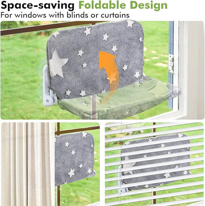 Cat Window Perch, Glow in The Dark Cordless Foldable Pet Hammock Bed for Window with Sturdy Metal Frame, Glowing Stars Pattern Resting Seat for Indoor Cats (Stars - L)