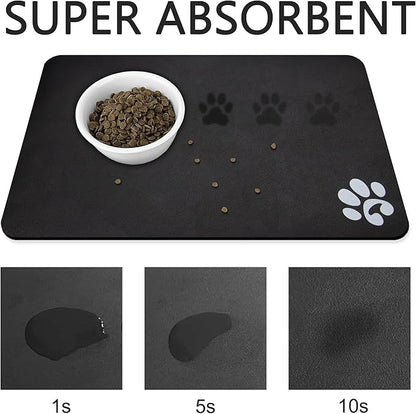 YCT Pet Cat Food Mats - Non Slip Super Absorbent, with Footprints Logo, 18.1 x 11.8 inches, Dark Grey