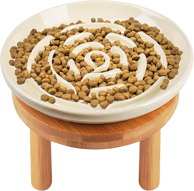 Elevated Slow Feeder Cat Bowls, Ceramic Cat Slow Feeder Bowl with Bamboo Stand, 5.9 Inch Wide Shallow Cats Bowl Whisker Friendly, Anti Vomiting Puzzle Feeder for Dry or Wet Food Dishwasher Safe