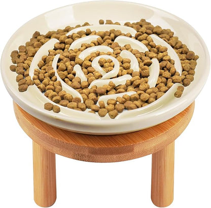 Elevated Slow Feeder Cat Bowls, Ceramic Cat Slow Feeder Bowl with Bamboo Stand, 5.9 Inch Wide Shallow Cats Bowl Whisker Friendly, Anti Vomiting Puzzle Feeder for Dry or Wet Food Dishwasher Safe