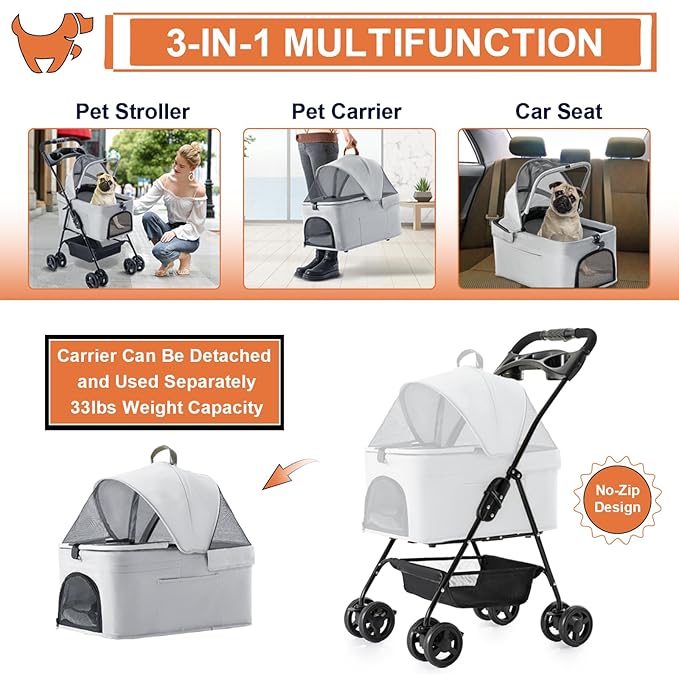 3-in-1 Pet Stroller for Small Dogs and Cats, Folding Lightweight Dog Stroller with Detachable Carrier Portable Cat Puppy Jogging Stroller with Cup Holder and Storage Basket, 4 Wheels