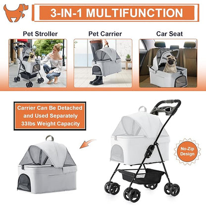 3-in-1 Pet Stroller for Small Dogs and Cats, Folding Lightweight Dog Stroller with Detachable Carrier Portable Cat Puppy Jogging Stroller with Cup Holder and Storage Basket, 4 Wheels