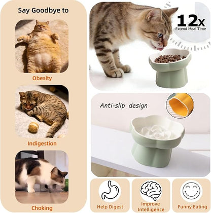 Ceramic Elevated Slow Feeder Cat Bowl,Anti Vomit Design for Whisker Fatigue Relief,Elevated Slow Feeder Bowls for Indoor Cats&Small Breeds,Perfect for Wet Food&Small Dogs (2, White and Purple)