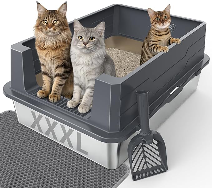 FURTIME XXXL Extra Large Stainless Steel Litter Box with Lid, Large Cat Litter Box for Big Cat, Large Metal Cat Box with High Sided, Non-Stick, Easy Cleaning, Includes Scoop and Mat