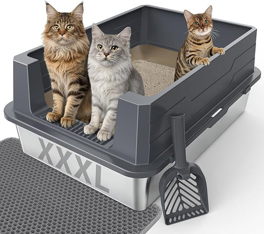 FURTIME XXXL Extra Large Stainless Steel Litter Box with Lid, Large Cat Litter Box for Big Cat, Large Metal Cat Box with High Sided, Non-Stick, Easy Cleaning, Includes Scoop and Mat