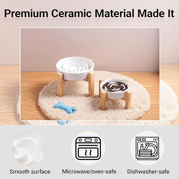 Ceramic Slow Feeder/Dog Bowl for Small Medium Dogs,Elevated/Raised Slow Feeding Dog Food Water Dish Heavy Weighted,Puzzle Eating Bowl Modern Maze (White, 8.26in)